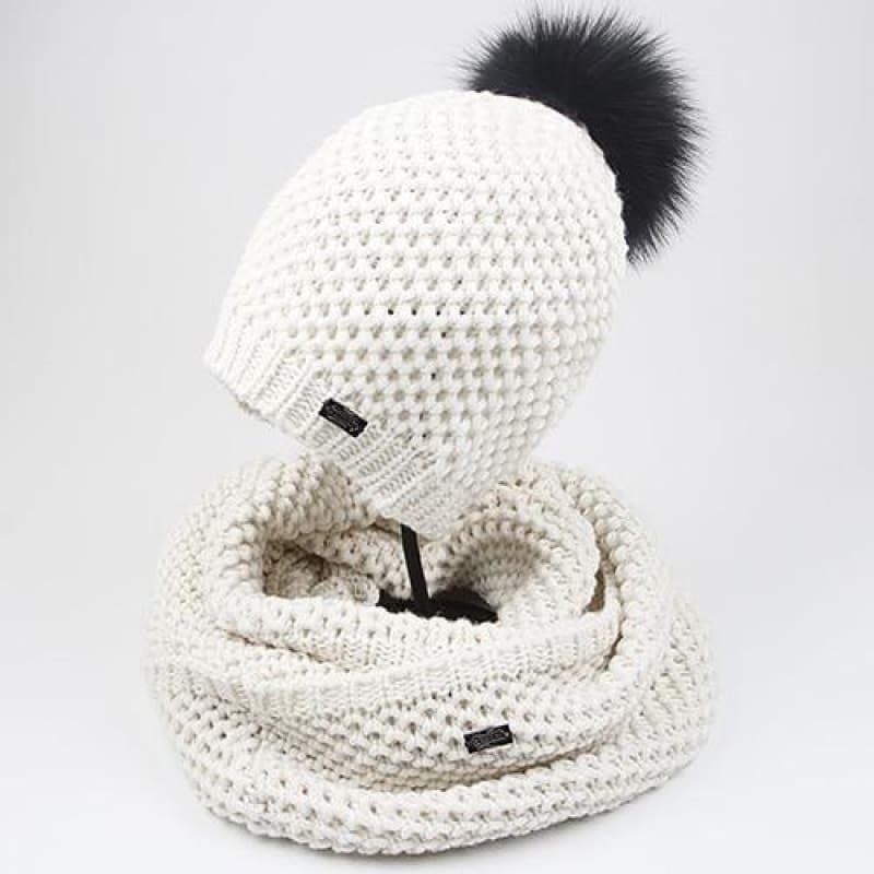 Knitted Beanie Hat and Infinity Scarf Set Real Fox Fur Pom Pom Hats - White - scarf