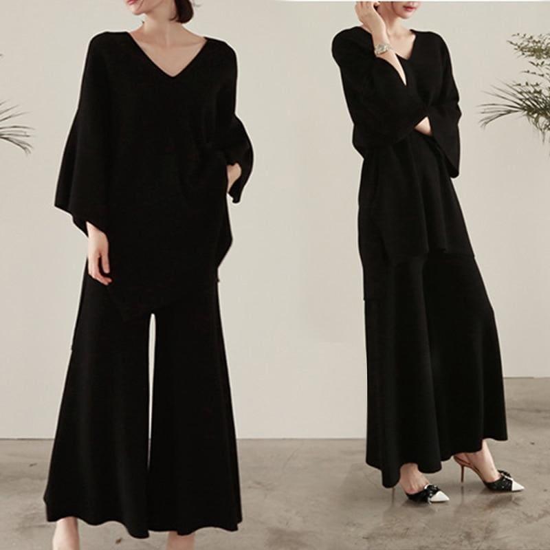 Knitting Sweater Pantsuit Two Piece Set Pullover High Waist Wide Leg Pants Suit - TeresaCollections