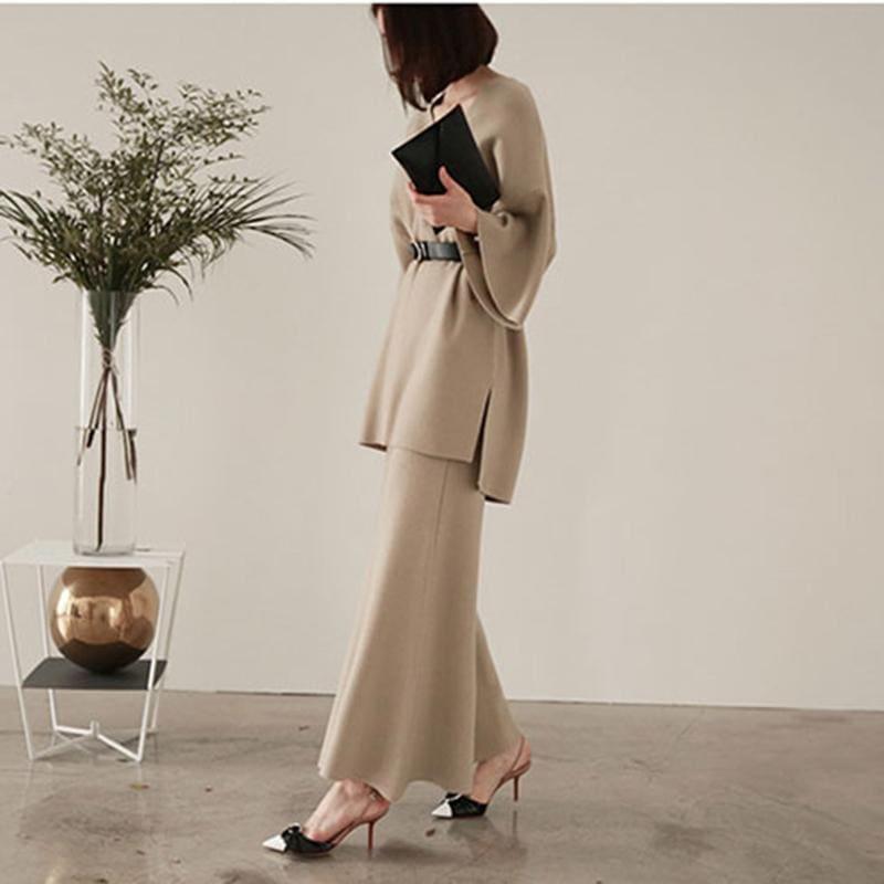 Knitting Sweater Pantsuit Two Piece Set Pullover High Waist Wide Leg Pants Suit - Set