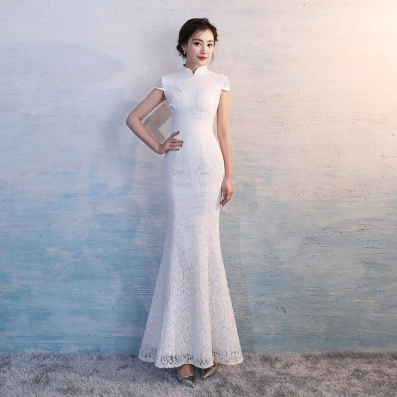 Lace Cheongsam Sexy White Qipao Long Traditional Chinese Oriental Style Maxi Dress - Gown