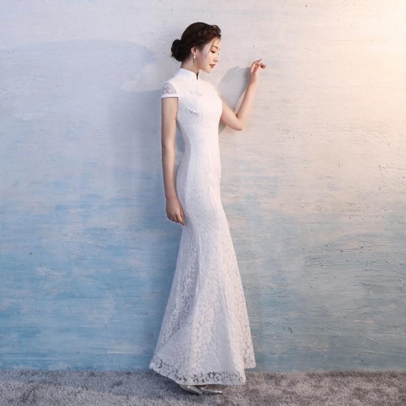 Lace Cheongsam Sexy White Qipao Long Traditional Chinese Oriental Style Maxi Dress - Gown