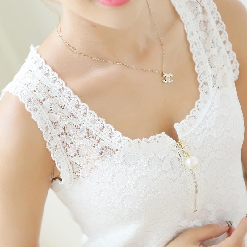 Lace Patchwork White Sexy Hollow Out Chiffon Lace Sleeveless Top - TeresaCollections