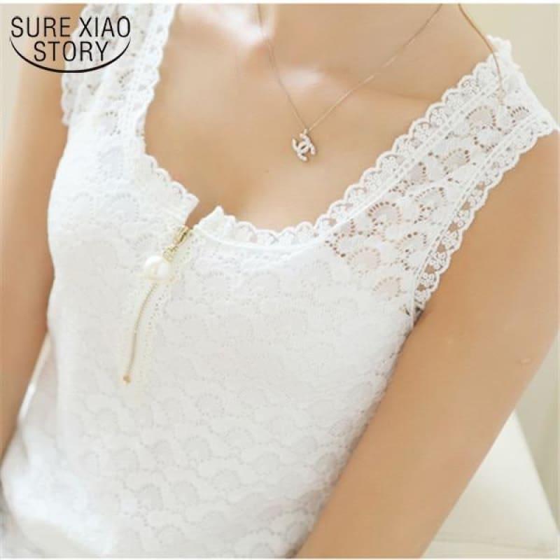 Lace Patchwork White Sexy Hollow Out Chiffon Lace Sleeveless Top - TeresaCollections