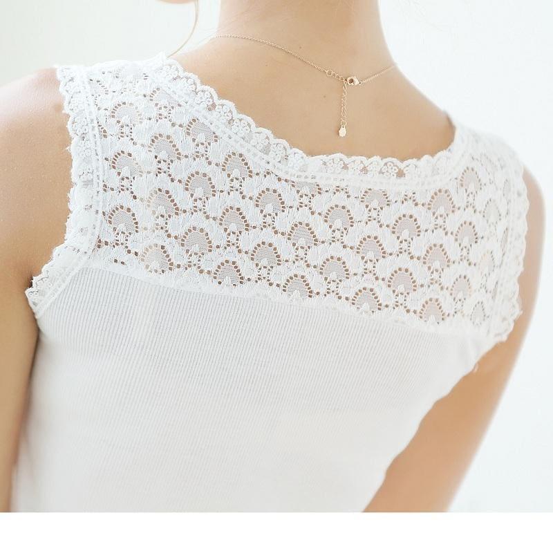 Lace Patchwork White Sexy Hollow Out Chiffon Lace Sleeveless Top - TeresaCollections