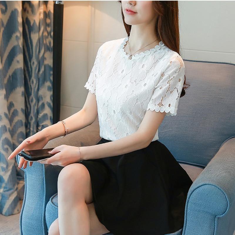 Lace Short Sleeve O-Neck Elegant White Top and Blouse - TeresaCollections