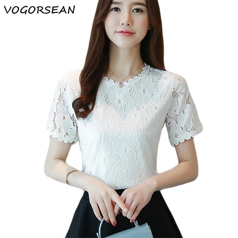 Lace Short Sleeve O-Neck Elegant White Top and Blouse - TeresaCollections