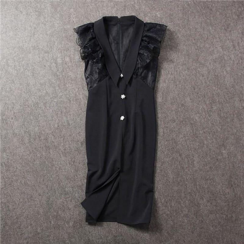 Lace Trim V Neck Off Shoulder Sleeveless High Waist Split Button Midi Dress - black / L - midi dress