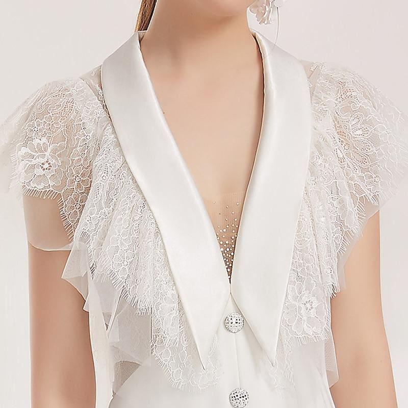 Lace Trim V Neck Off Shoulder Sleeveless High Waist Split Button Midi Dress - midi dress