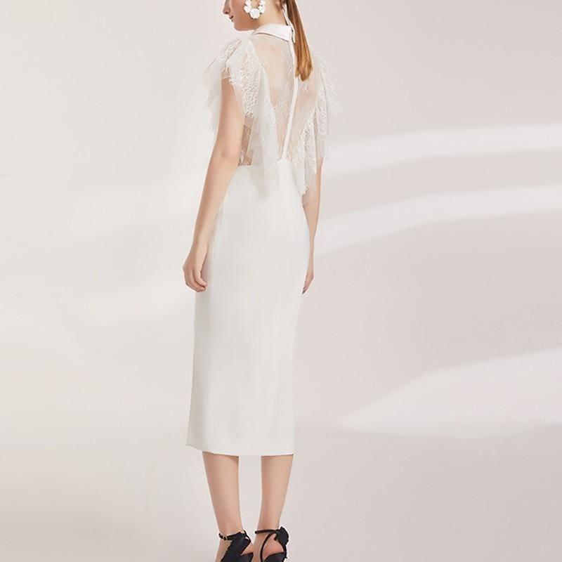 Lace Trim V Neck Off Shoulder Sleeveless High Waist Split Button Midi Dress - midi dress