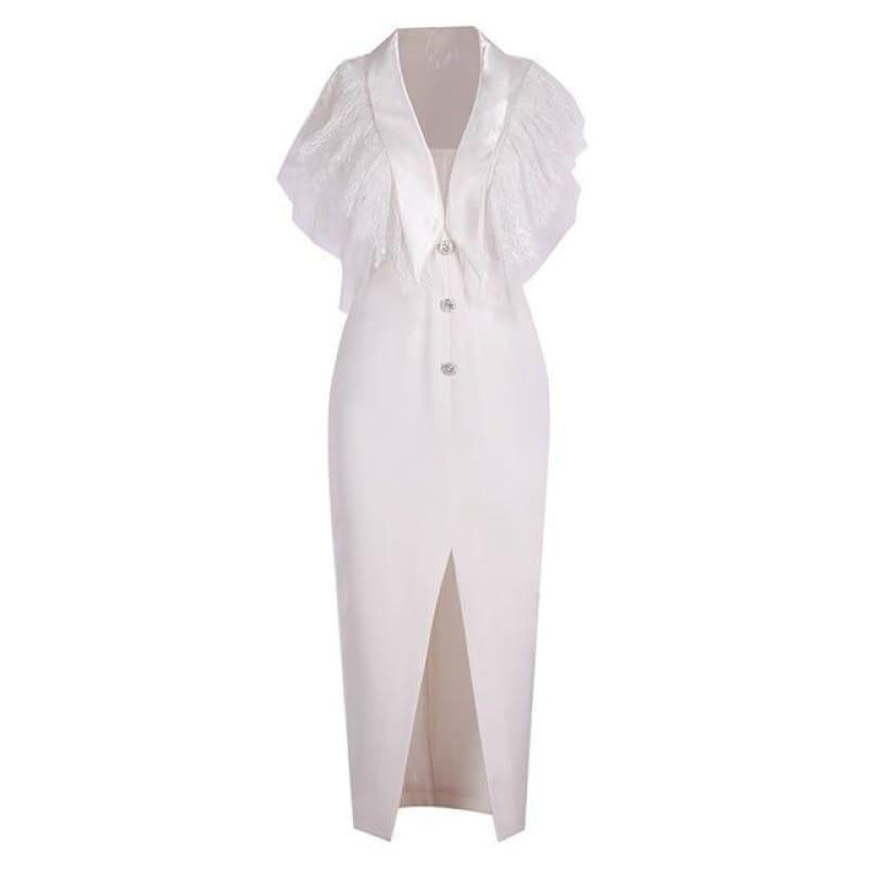 Lace Trim V Neck Off Shoulder Sleeveless High Waist Split Button Midi Dress - white / L - midi dress