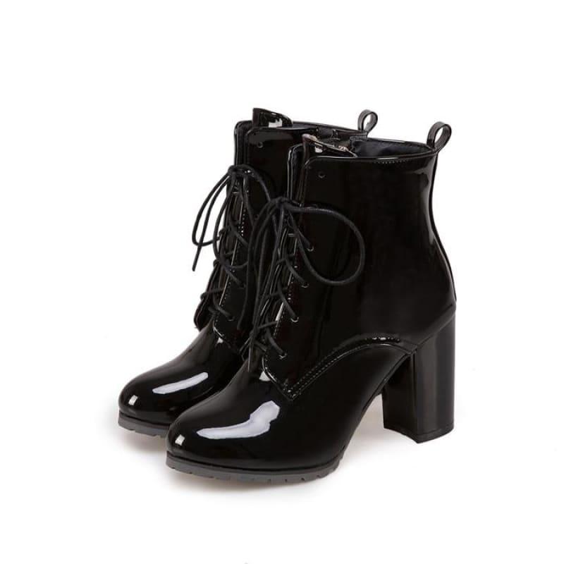 Lace Up Thick Heels Short Booties - TeresaCollections