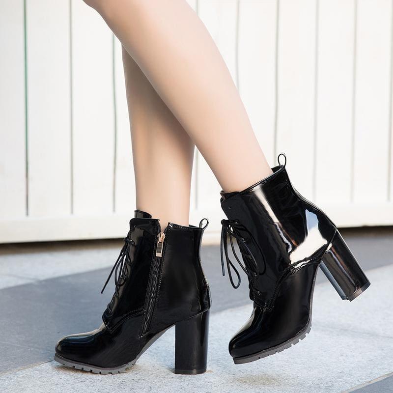 Lace Up Thick Heels Short Booties - TeresaCollections