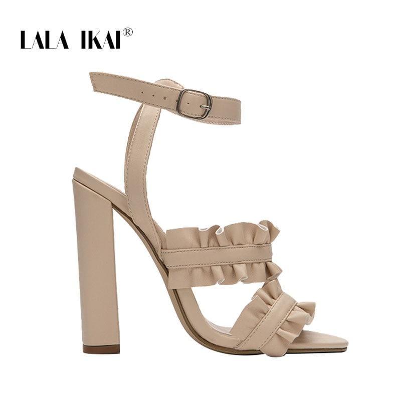 LALA IKAI Women Ruffles Square Heel Solid Fashion Buckle Strap Ladies Sandals - Khaki / 6.5 - Sandals