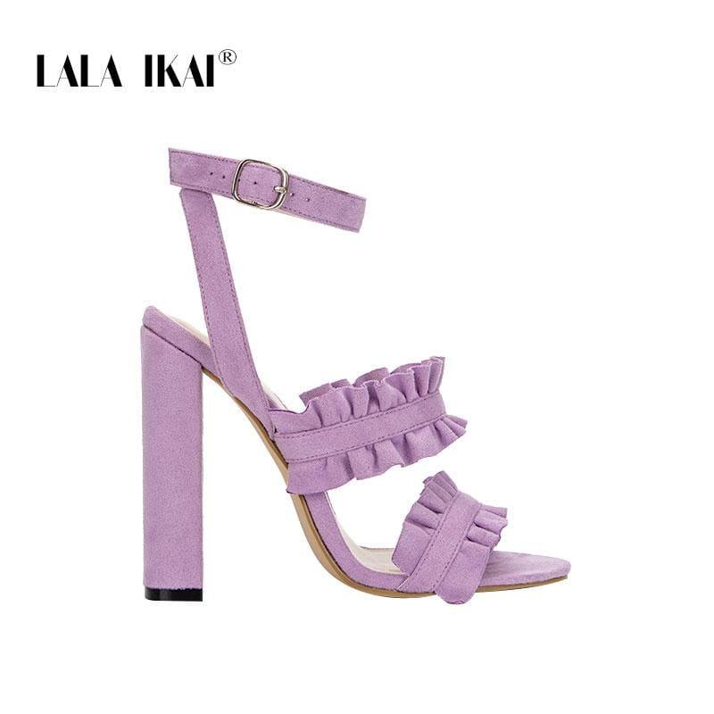 LALA IKAI Women Ruffles Square Heel Solid Fashion Buckle Strap Ladies Sandals - Purple / 6.5 - Sandals