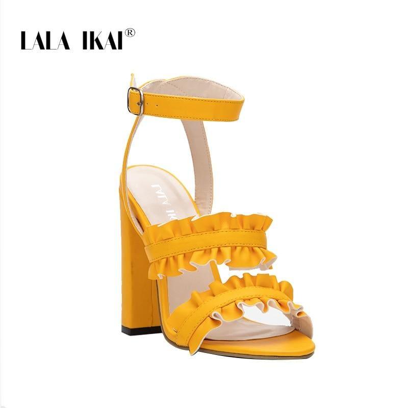 LALA IKAI Women Ruffles Square Heel Solid Fashion Buckle Strap Ladies Sandals - Sandals