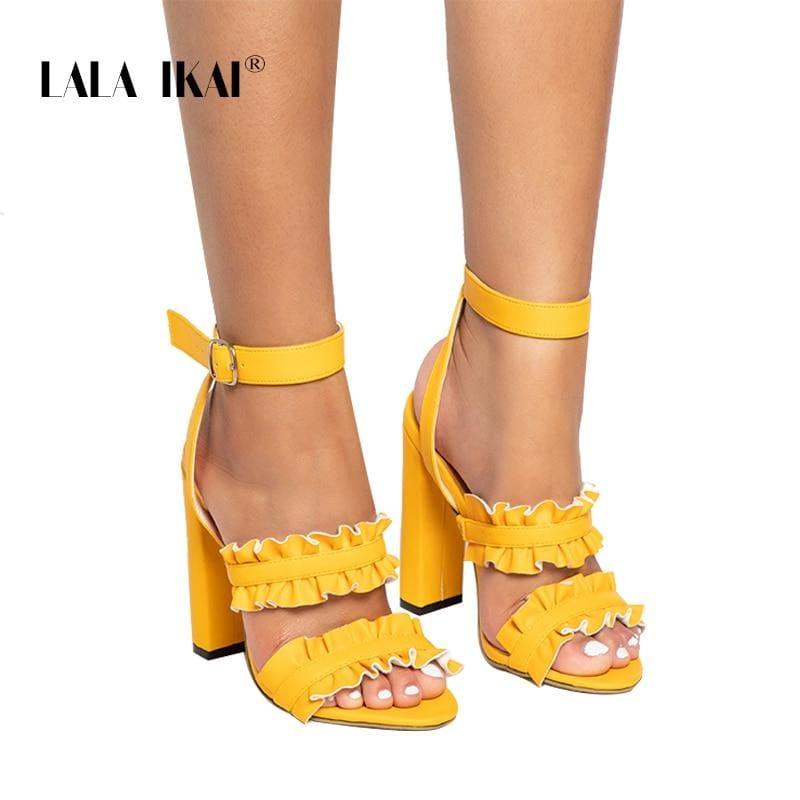 LALA IKAI Women Ruffles Square Heel Solid Fashion Buckle Strap Ladies Sandals - Sandals