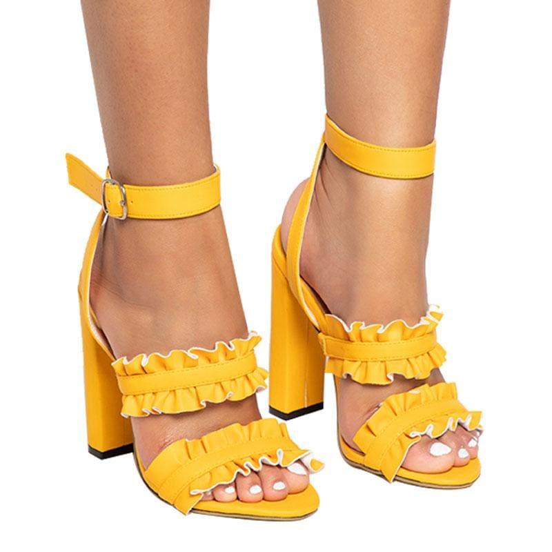 LALA IKAI Women Ruffles Square Heel Solid Fashion Buckle Strap Ladies Sandals - Sandals