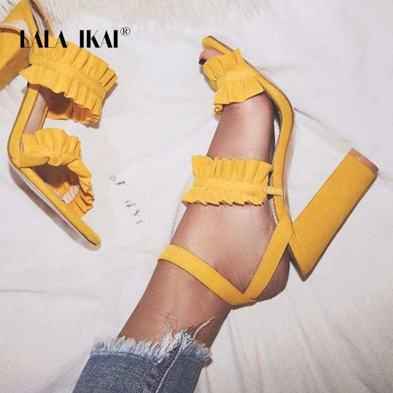 LALA IKAI Women Ruffles Square Heel Solid Fashion Buckle Strap Ladies Sandals - Sandals