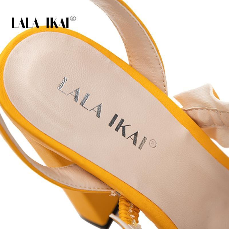 LALA IKAI Women Ruffles Square Heel Solid Fashion Buckle Strap Ladies Sandals - Sandals