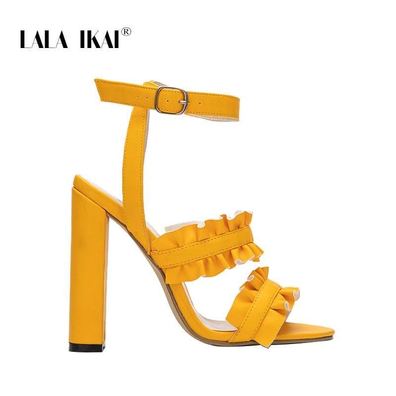 LALA IKAI Women Ruffles Square Heel Solid Fashion Buckle Strap Ladies Sandals - Yellow / 6.5 - Sandals