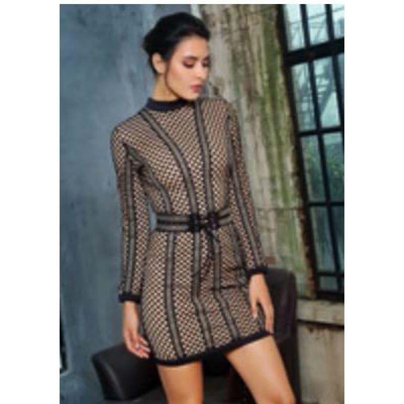 Lattice Patchwork whit Belt Party Mini Dress - TeresaCollections