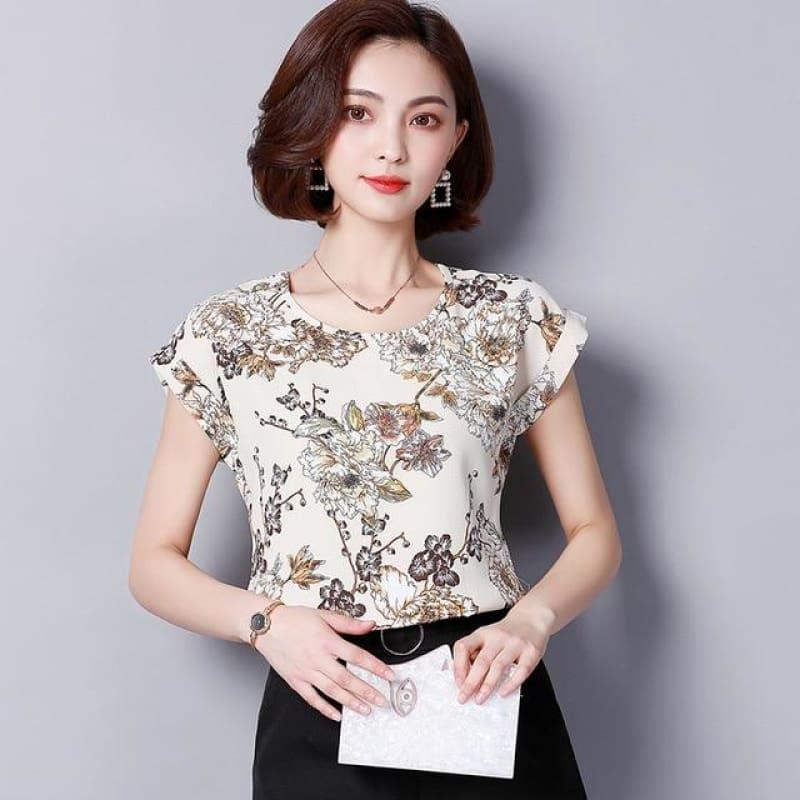 Leaf Floral Prints Chiffon Summer Floral Print Short Sleeve Blouse - Sleeveless