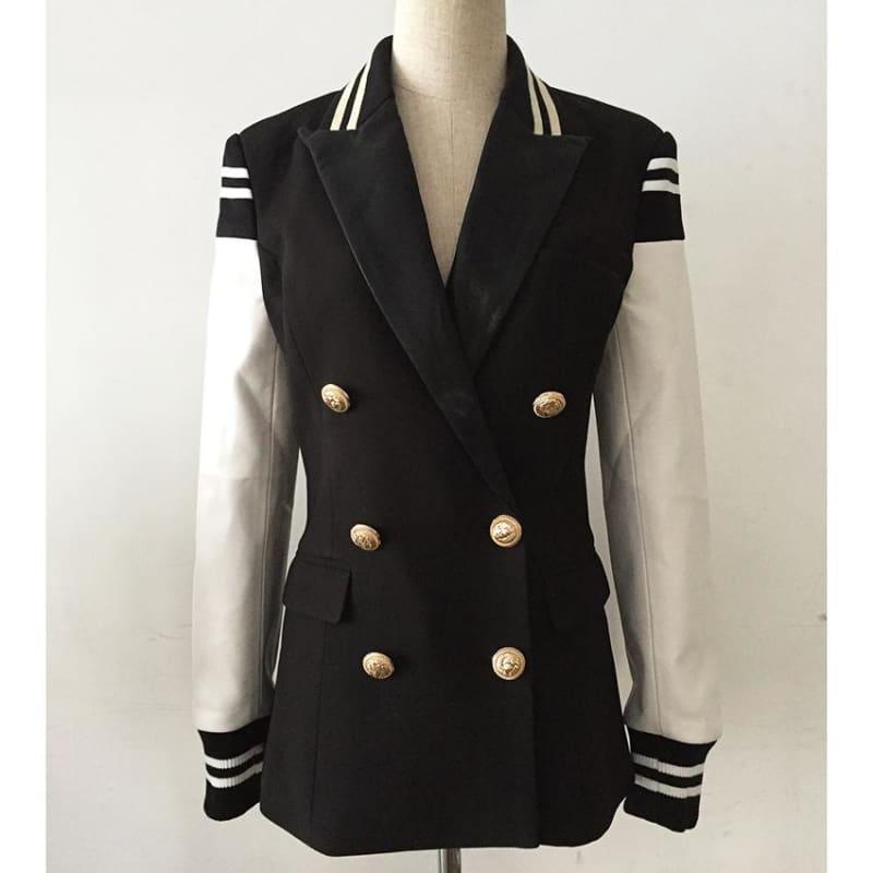 Leather Patchwork Double Breasted Blazer Jacket - TeresaCollections