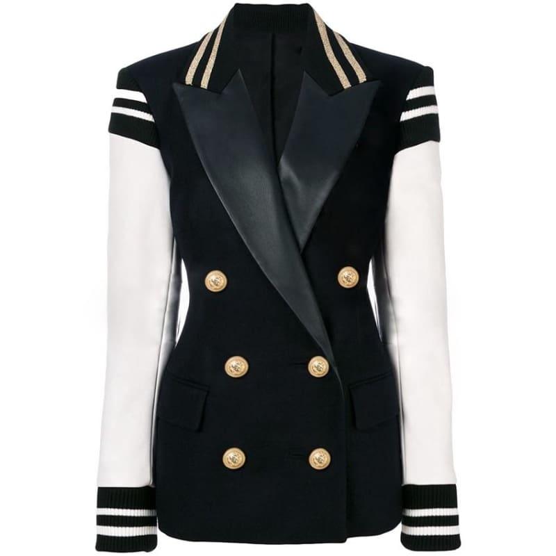 Leather Patchwork Double Breasted Blazer Jacket - TeresaCollections