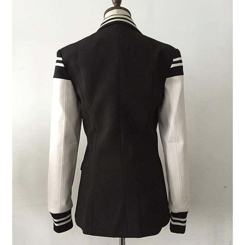 Leather Patchwork Double Breasted Blazer Jacket - TeresaCollections