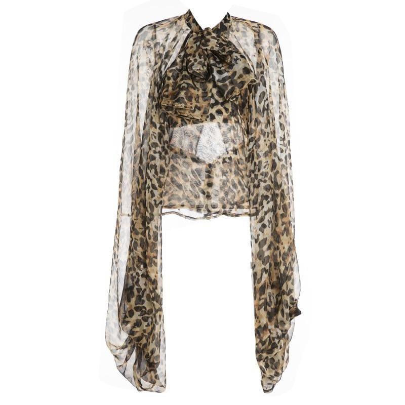 Leopard Lace Up Bow Lantern Sleeve Oversize Blouse - TeresaCollections
