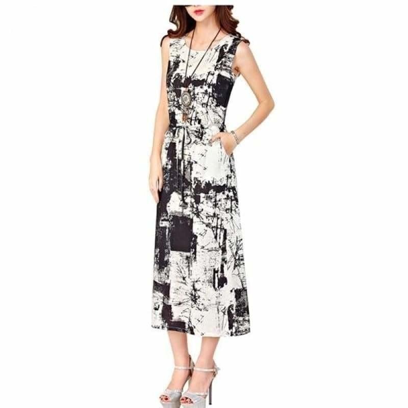 Linen Summer Sleeveless Casual A-Line Adjust Waist Vintage Dress Cotton Linen Midi Dress - black / M - Midi Dress