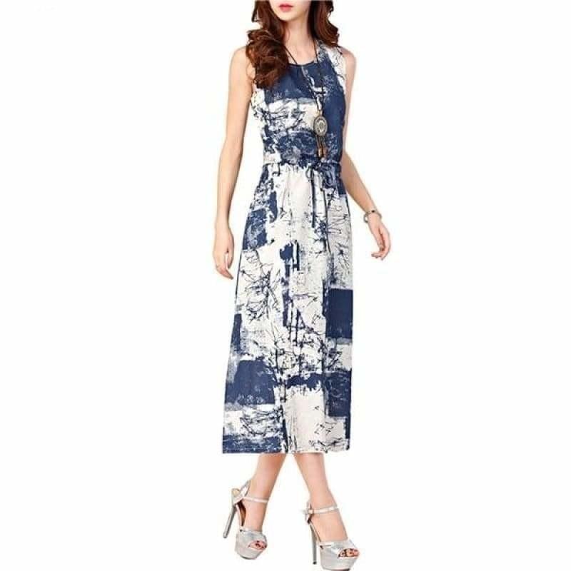 Linen Summer Sleeveless Casual A-Line Adjust Waist Vintage Dress Cotton Linen Midi Dress - Blue / M - Midi Dress