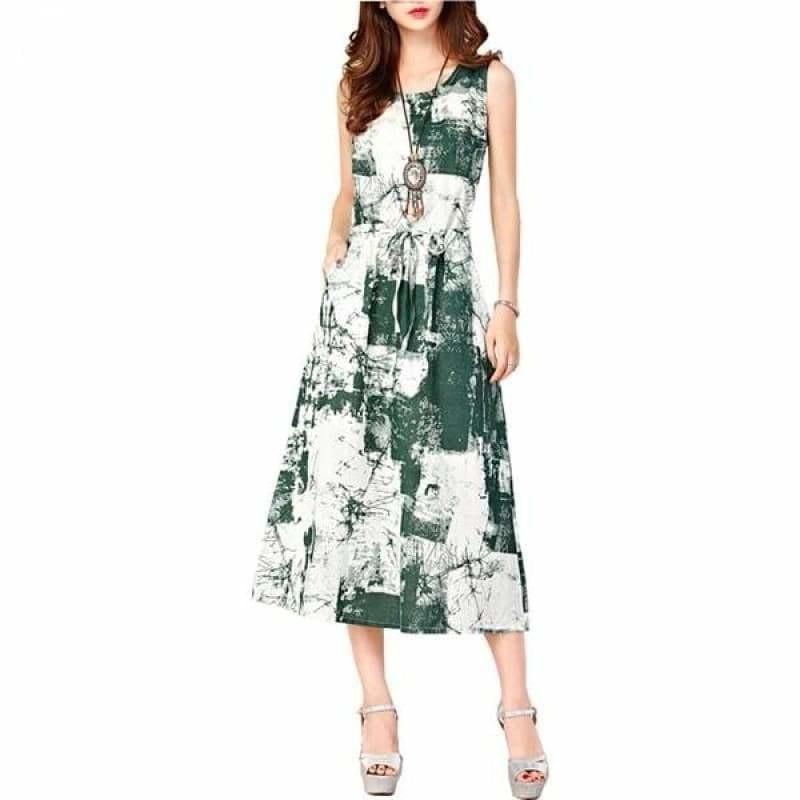 Linen Summer Sleeveless Casual A-Line Adjust Waist Vintage Dress Cotton Linen Midi Dress - Olive / M - Midi Dress