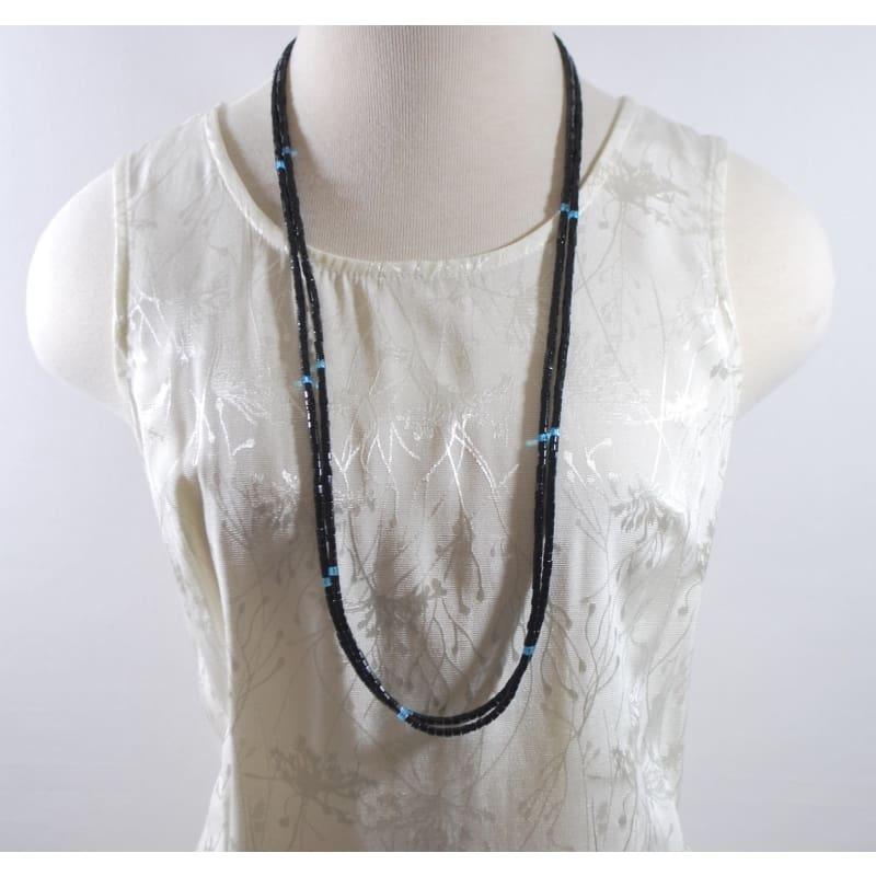 Long Black Two Strands With Blue Ascent Elegant Womens Necklace - Handmade