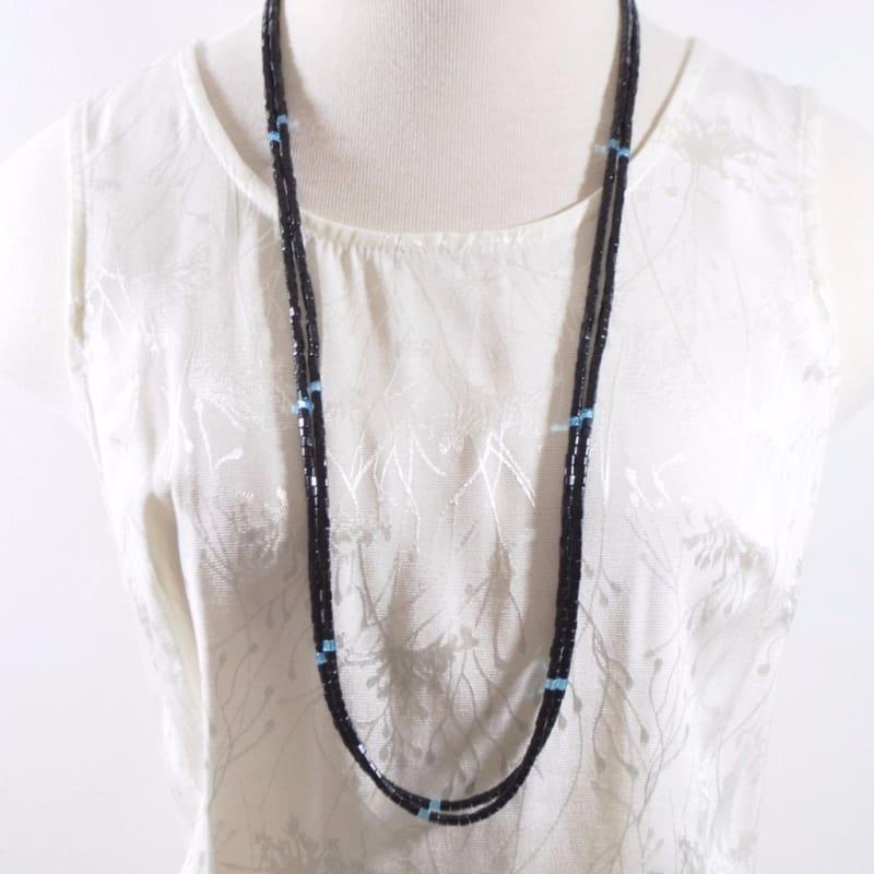 Long Black Two Strands With Blue Ascent Elegant Womens Necklace - Handmade