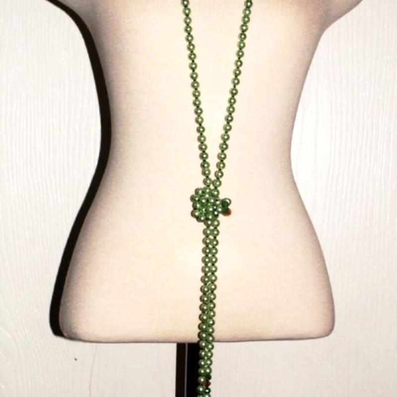 Long Green Glass Pearls with A Splash of Gold Necklace - Handmade