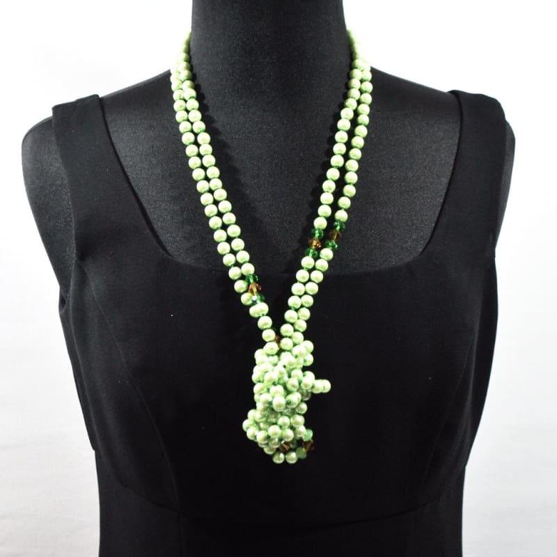 Long Green Glass Pearls with A Splash of Gold Necklace - TeresaCollections