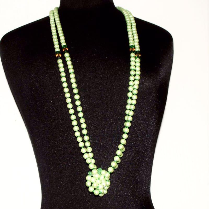 Long Green Glass Pearls with A Splash of Gold Necklace - TeresaCollections