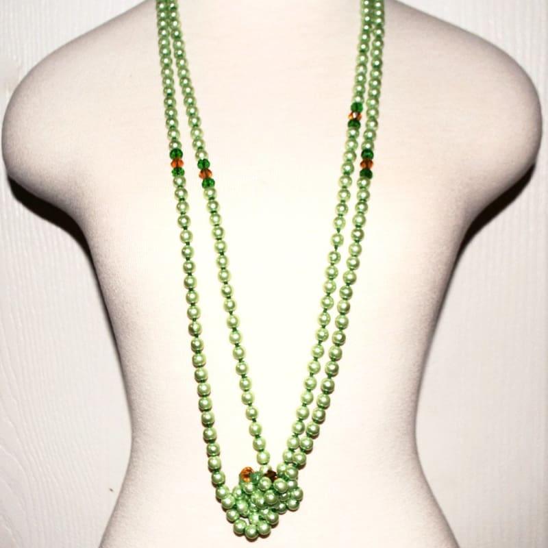 Long Green Glass Pearls with A Splash of Gold Necklace - TeresaCollections