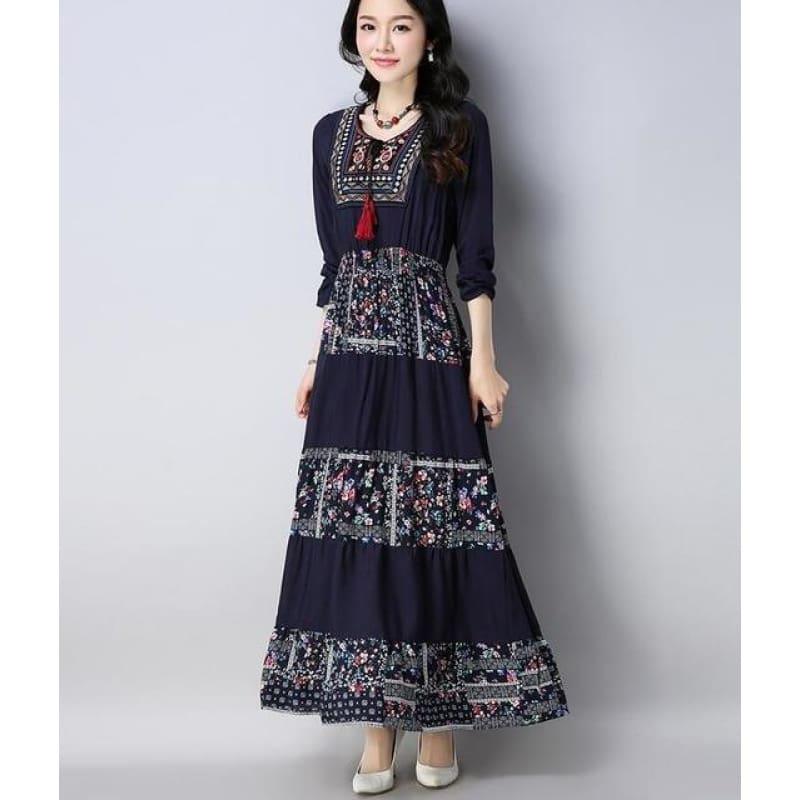 Long Sleeve Casual A-Line Embroidery Round Neck Boho Cotton Linen Maxi Dress - Black / M - gown
