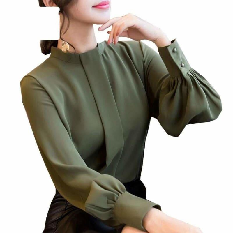 Long Sleeve Shirts Casual Chiffon Work Wear Office Blouse - Army Green / L - Long Sleeve