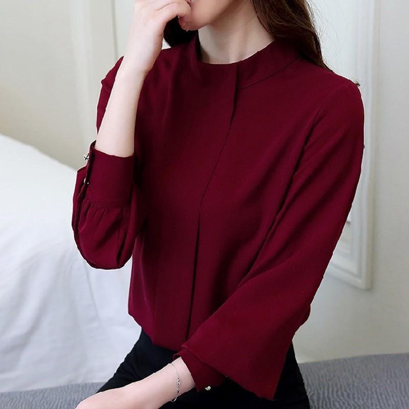 Long Sleeve Shirts Casual Chiffon Work Wear Office Blouse - TeresaCollections