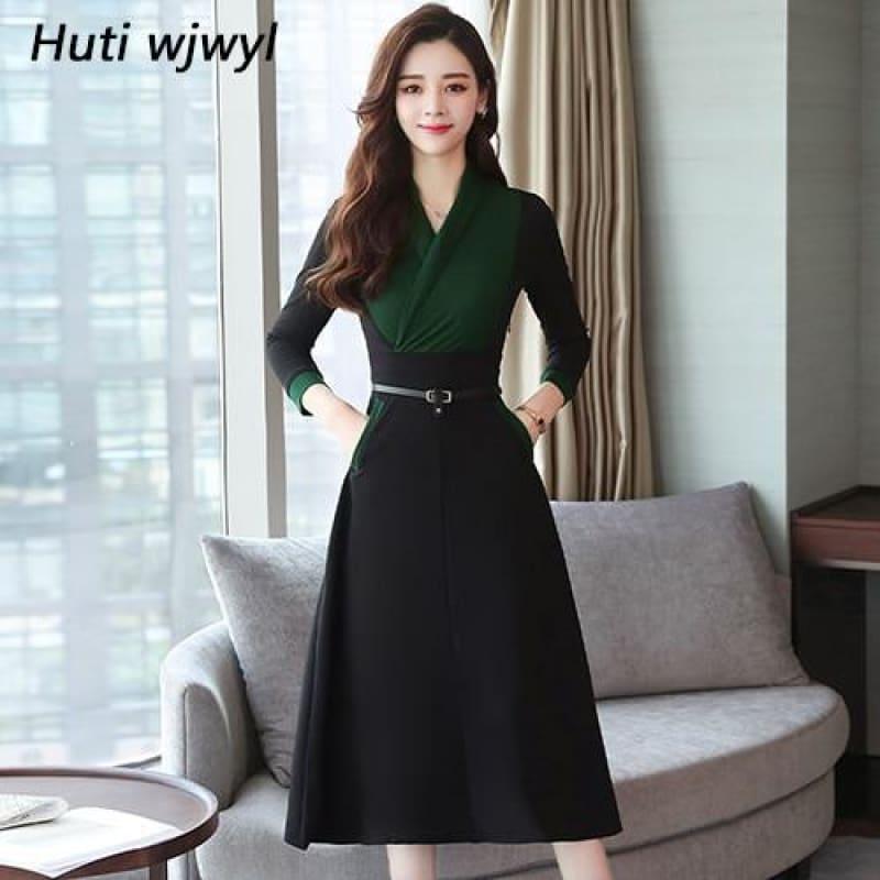 Long Sleeve Vintage Chiffon Elegant Midi Dress - Green / M - midi dress