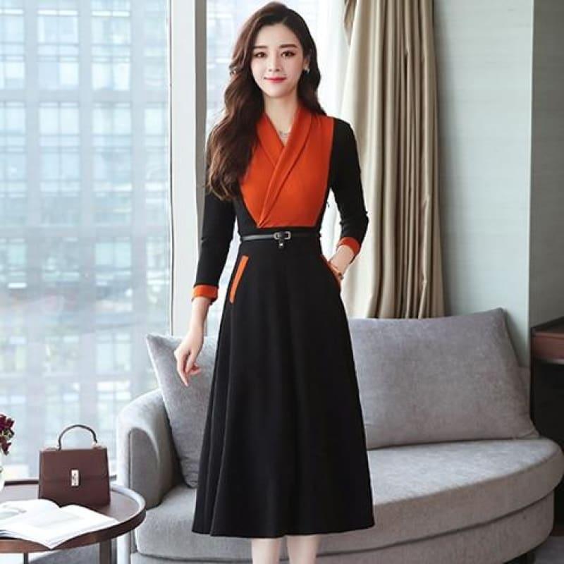 Long Sleeve Vintage Chiffon Elegant Midi Dress - Orange / M - midi dress