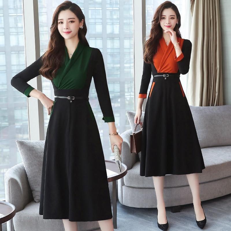 Long Sleeve Vintage Chiffon Elegant Midi Dress - midi dress