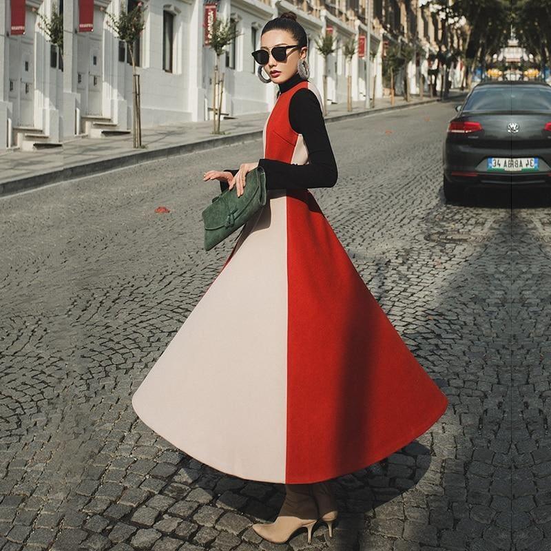 Long Sleeve Vintage Woolen Retro Red A-Line Formal Maxi Dress - gown