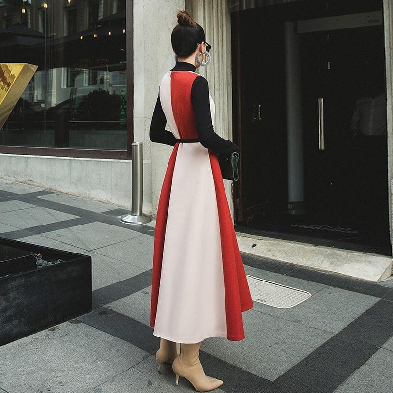 Long Sleeve Vintage Woolen Retro Red A-Line Formal Maxi Dress - TeresaCollections