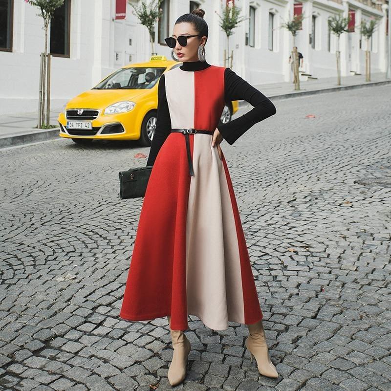 Long Sleeve Vintage Woolen Retro Red A-Line Formal Maxi Dress - TeresaCollections