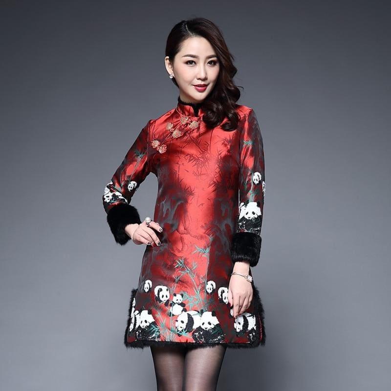 Long Sleeve Winter Qipao Satin Cheongsam Cotton Red Chinese Traditional Mini Dress - Mini Dress