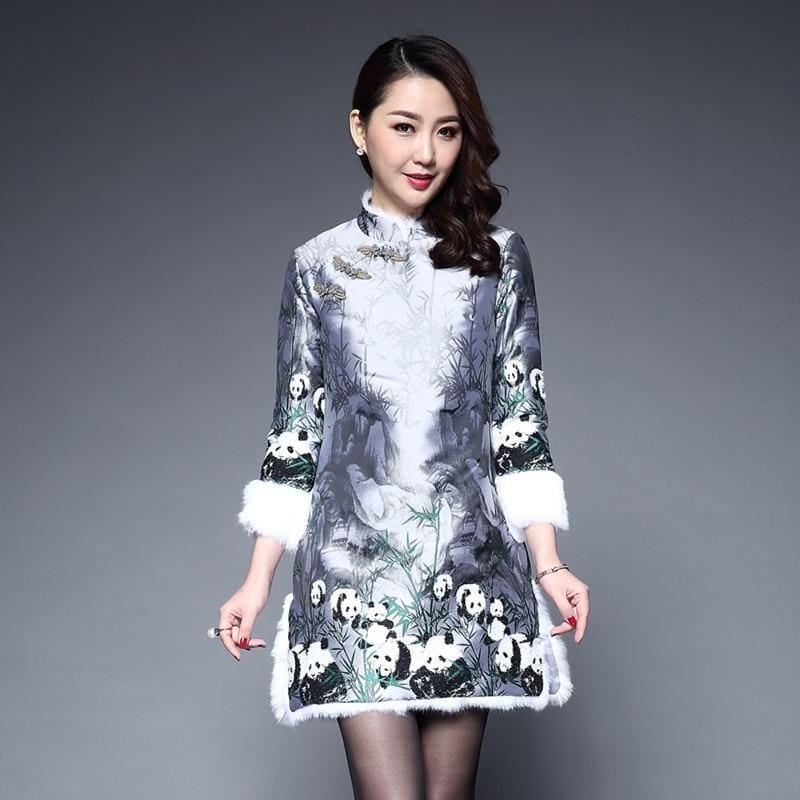 Long Sleeve Winter Qipao Satin Cheongsam Cotton Red Chinese Traditional Mini Dress - Mini Dress